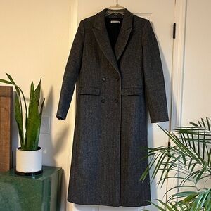 Reformation herringbone wool blend long double breasted pea trench coat